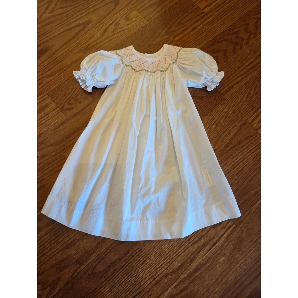 Love Me White Smocked Bishop Dress Pink Floral Embroidery Baby Girls 6M Heirloom
